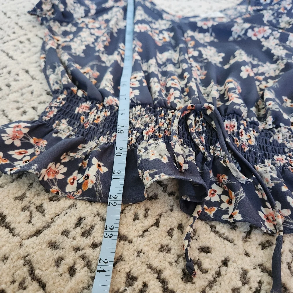 Sienna Sky Boho Puff Sleeve Ruffle Blue Floral V Neck Top Cottagecore M - Picture 9 of 11